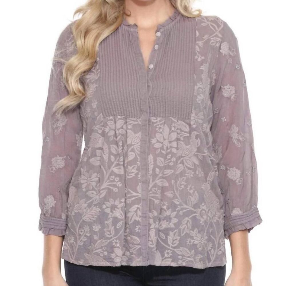 Johnny Was Tabira Bunny Blouse S Gray Rabbit Bird Embroidered Boho Pintuck